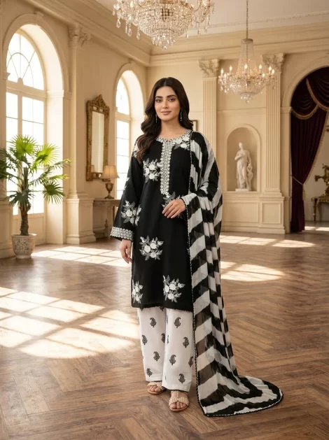 BLACK PEARL EMBROIDERED DRESS 3PC